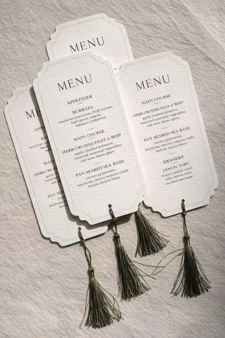 Arched menu cards finished with green tassels