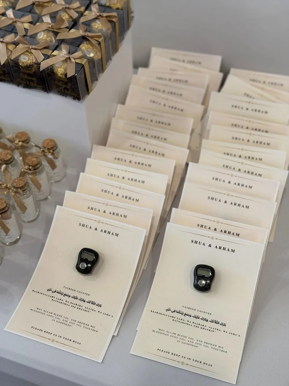 Rows of printed place cards on a table