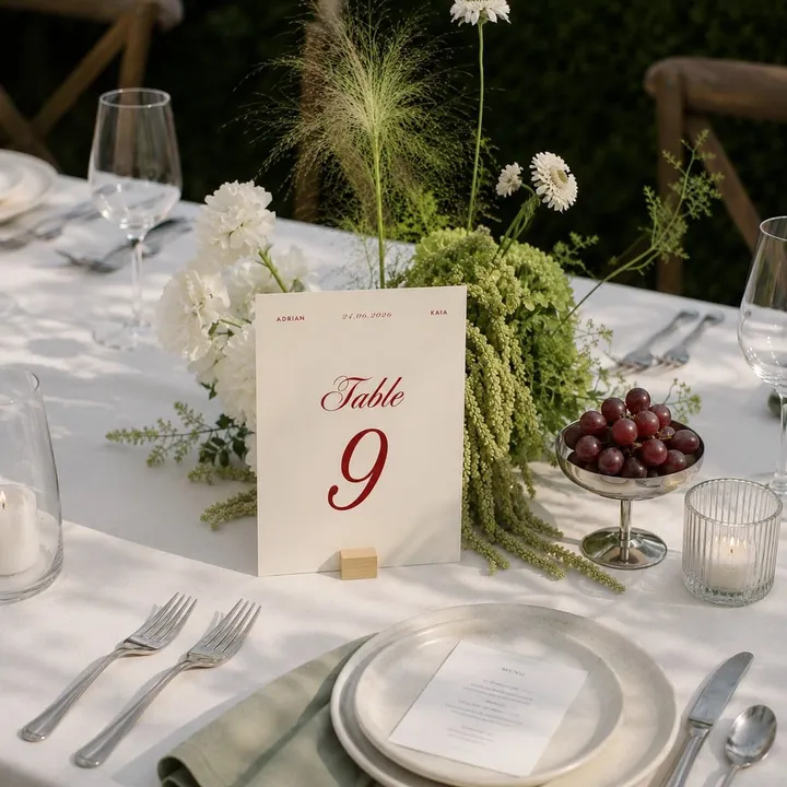 A table number card on a laid wedding table